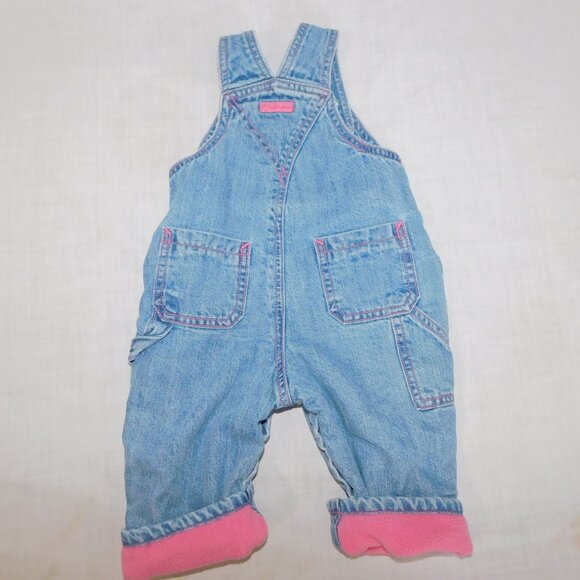 The Childrens Place Girl 6-9 Months Denim Pink Fleece Lined Carpenter Overalls - Picture 9 of 10